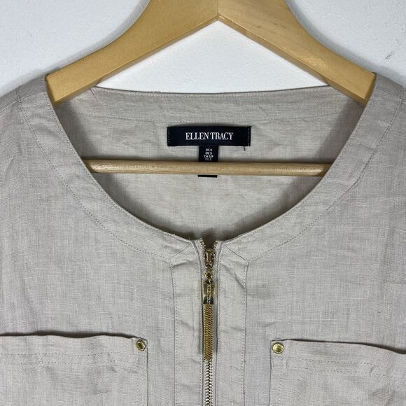 Ellen Tracy Tan 100% Linen Tunic Sm Lagenlook Boho Roll Tab Sleeve Quiet Luxury - Picture 3 of 12